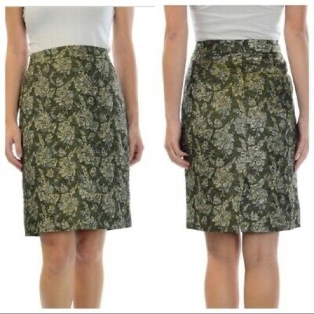 J. Crew Collection Green & Gold Foil Silk Jacquard Pencil Skirt Size 4